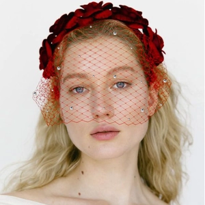 Retro red camellia headband with sparkling rhinestones and mesh veil for party