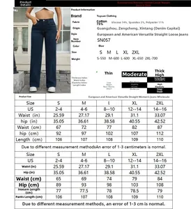 Detailed size chart for blue high-waisted jeans with fabric and measurement specs