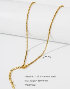 Detail of 18k gold plated 2mm stainless steel chain showing length and clasp details