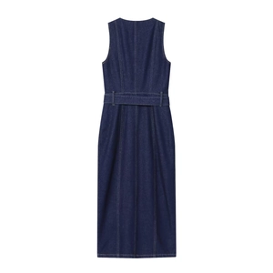 Slim fit sleeveless dark blue denim dress with matching belt shown from back view