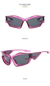 Futuristic Y2K pink purple sunglasses with grey lenses and geometric hollow temples