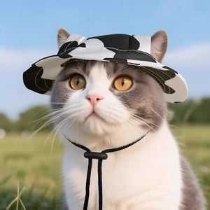 Cute cow print pet sun hat for cats and dogs with adjustable strap for outdoor protection