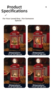 Detailed views of vintage red Christmas gas station snow globes with festive internal scenes