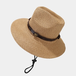 Outdoor western style khaki straw sun hat with leather strap and adjustable chin cord