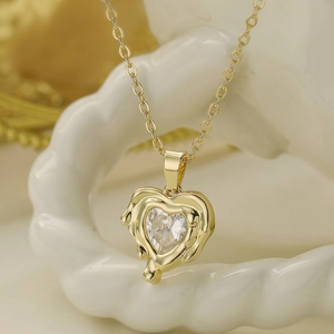 Heart Pendant Necklace Copper Zircon Molten Metal Lava Style Gold Silver Plated Elegant Jewelry For Women