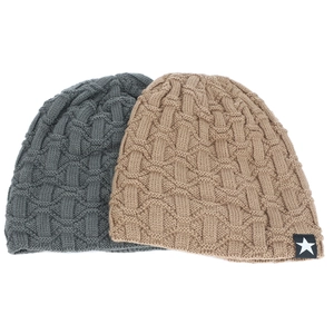 Detail of knit beanies in dark grey and coffee with star patch and thick basket texture