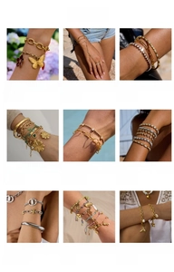 Detailed grid of stainless steel bracelets with 18k gold plating and ocean style charms