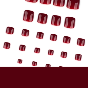 Deep red glossy press-on toenails in 24 pieces set with square shape for women