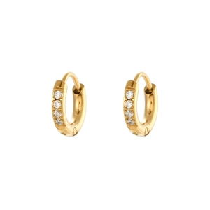 Close-up of golden stainless steel hoop earrings with four vertical zircon stones