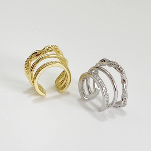 Three-layer braided S925 sterling silver ear cuffs with zircons in gold and silver