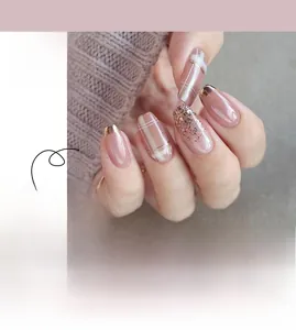 Detailed view of French-style press-on nails with gold trim, plaid patterns and pink base