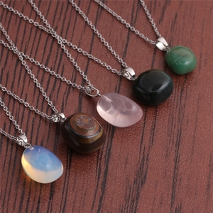 Natural Gemstone Pendant Necklace Stainless Steel Chain Irregular Geometric Stone Minimalist Jewelry Women
