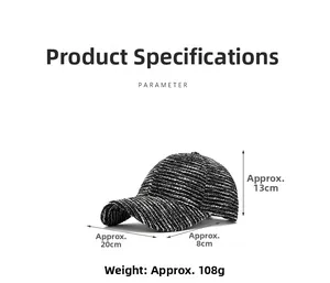 Detail view of tweed baseball cap showing 13cm height and 108g weight specifications
