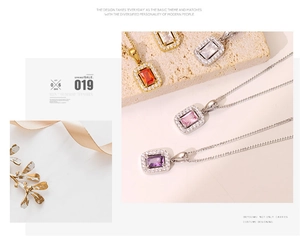 Detail view of square cut zircon pendant necklaces in multi-color options and gold plating