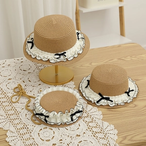 Rococo Style Boater Hat And Straw Bag Paper Straw Lace Trim Bow Vintage Sun Protection Summer Beach For Women Kids