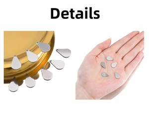 Detailed macro view of small teardrop stainless steel pendants for DIY jewelry making