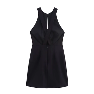 Elegante zwarte halter mini-jurk met gekruiste rugbandjes en een slanke pasvorm