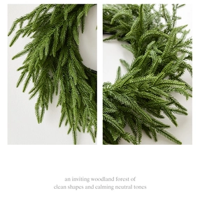 Detailed macro view of lifelike Norfolk pine needles texture on green Christmas wreath