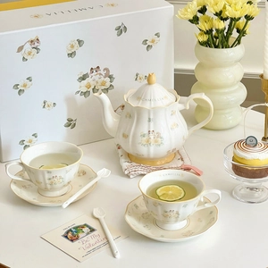 French Retro Camellia Cat Ceramic Teapot Cup And Saucer Afternoon Tea Coffee Floral Pattern Elegant Gift