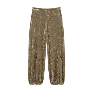 Women's vintage olive velvet trousers with white floral embroidery and elastic cuffs