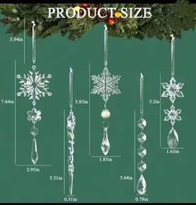 Detailed product size chart for five transparent acrylic snowflake and icicle ornaments