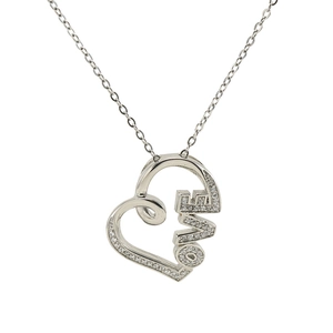 Silver stainless steel heart necklace with LOVE lettering and crystals on white background