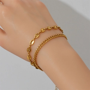 Double-layered gold stainless steel coffee bean and cuban chain bracelet for women