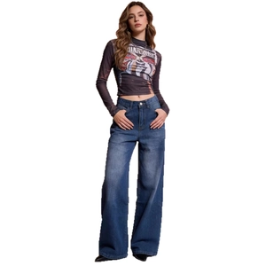 Fashionable dark blue high waist wide leg jeans and vintage long sleeve graphic top