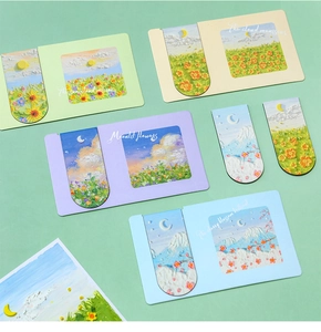Macro view of oil painting magnetic bookmarks with floral and landscape textures