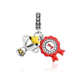 Detailed silver trophy and red first-place medal charms with cubic zirconia crystals