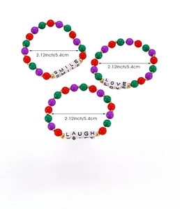 Three-piece stretch beaded bracelet set with SMILE LOVE LAUGH letters and dimensions