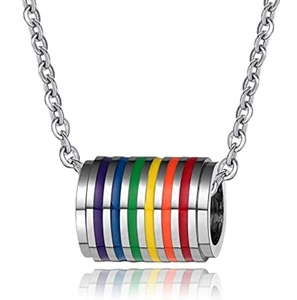 Detailed macro view of a cylindrical rainbow striped stainless steel pendant necklace