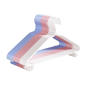 Non-slip plastic clothing hangers in white, pink and blue for home wardrobe storage