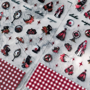 Stickers ongles 3D gothiques avec chats noirs et roses rouges avec une base adhésive pro