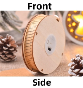 Close-up of the wooden LED ornament side view with integrated battery compartment and switch