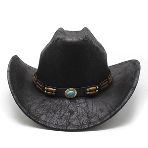 Chapeau de cowboy noir vintage avec bande en cuir turquoise et texture craquelée