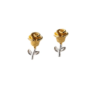 Elegant two-tone rose stud earrings in gold and silver metal with 3D floral petals