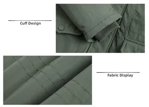 Detail of olive green jacket featuring windproof fabric and ribbed knit cuffs