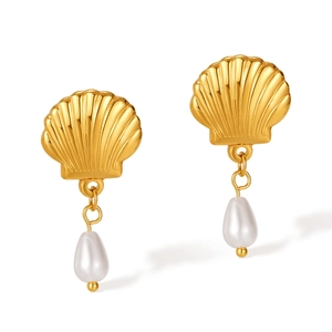 French vintage gold shell earrings with teardrop pearl pendants on white background