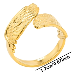Detail view of gold angel wing open ring showing 1.7cm adjustable inner diameter size