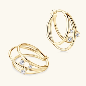 Elegant gold multi-row hoop earrings with sparkling moissanite stones for women