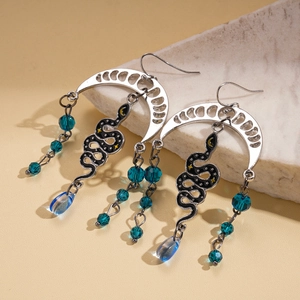 Bohemian crescent moon and snake tassel earrings with crystal beads in silver finish