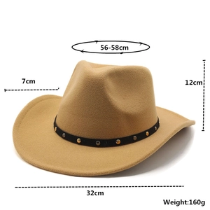 Detail view of khaki wool felt cowboy hat with size specs and metal rivet decoration