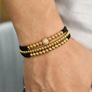 Men's 3pcs gold copper bead bracelet set with micro-pave zircon charms on wrist