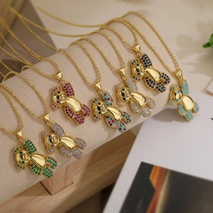 Collier Pendentif Ours En Peluche Cuivre Plaqué Or Zircone Cubique Colorée Chaîne À Billes Bijoux Animaux Femmes Filles