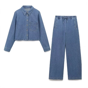 Womens blue denim long sleeve shirt and matching high waist wide leg trousers set