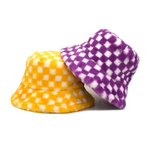 Checkerboard Plush Bucket Hat Faux Fur Winter Warm Soft Outdoor Fashion Accessory For Women