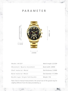 Fiche technique détaillée montrant les dimensions et le mouvement de la montre en or