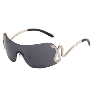 Y2K oversized wrap sunglasses featuring grey lenses and gold snake-shaped metal temples