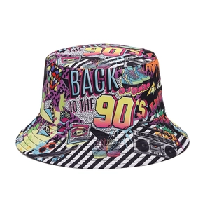 Retro 90s graffiti reversible bucket hat with colorful vintage pop art patterns